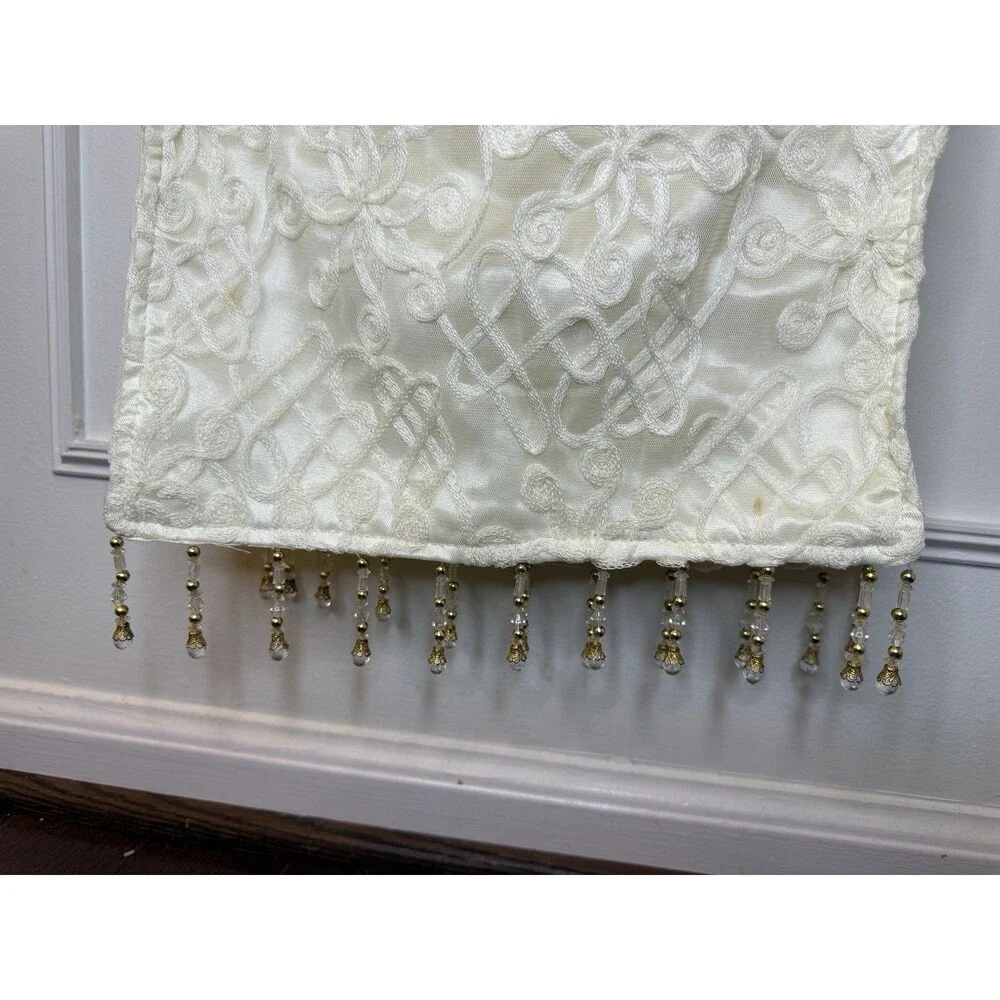 Ivory Cream Embroidered Lace Table Runner 80” x 12” Gold Crystal Bead Fringe